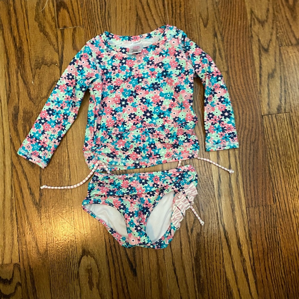 Ruffle Butt Teal and Pink 2 piece long sleeve swim suit